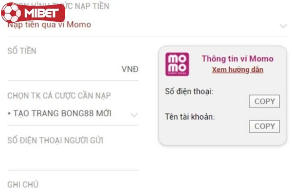 Nạp tiền Mibet đa dạng phương thức thanh toán